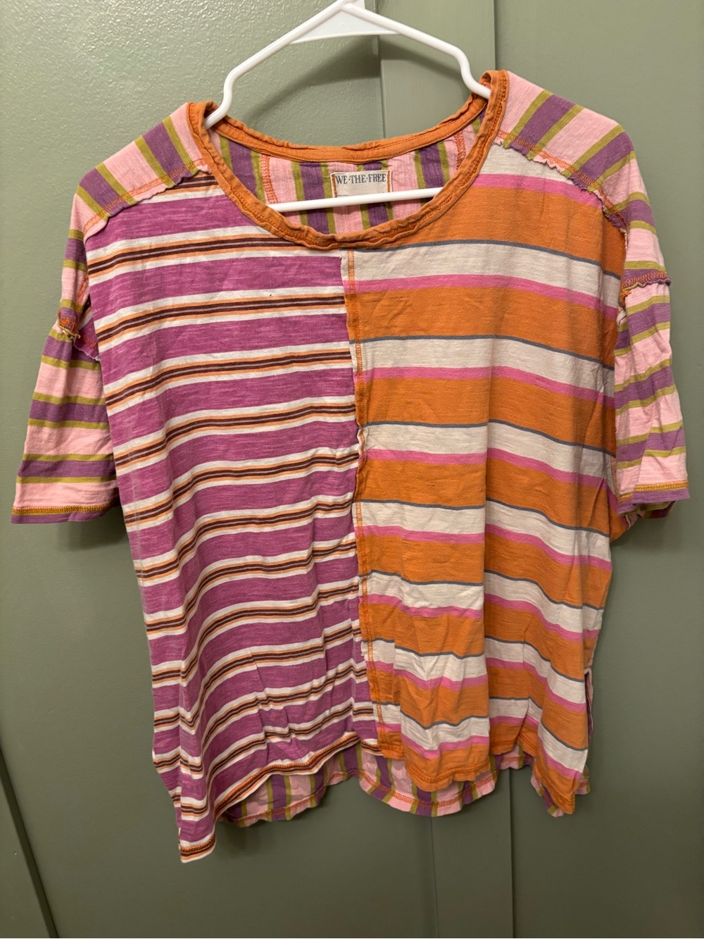 We The Free Mixed Stripe Patchwork Tee in Pink, Orange & Green